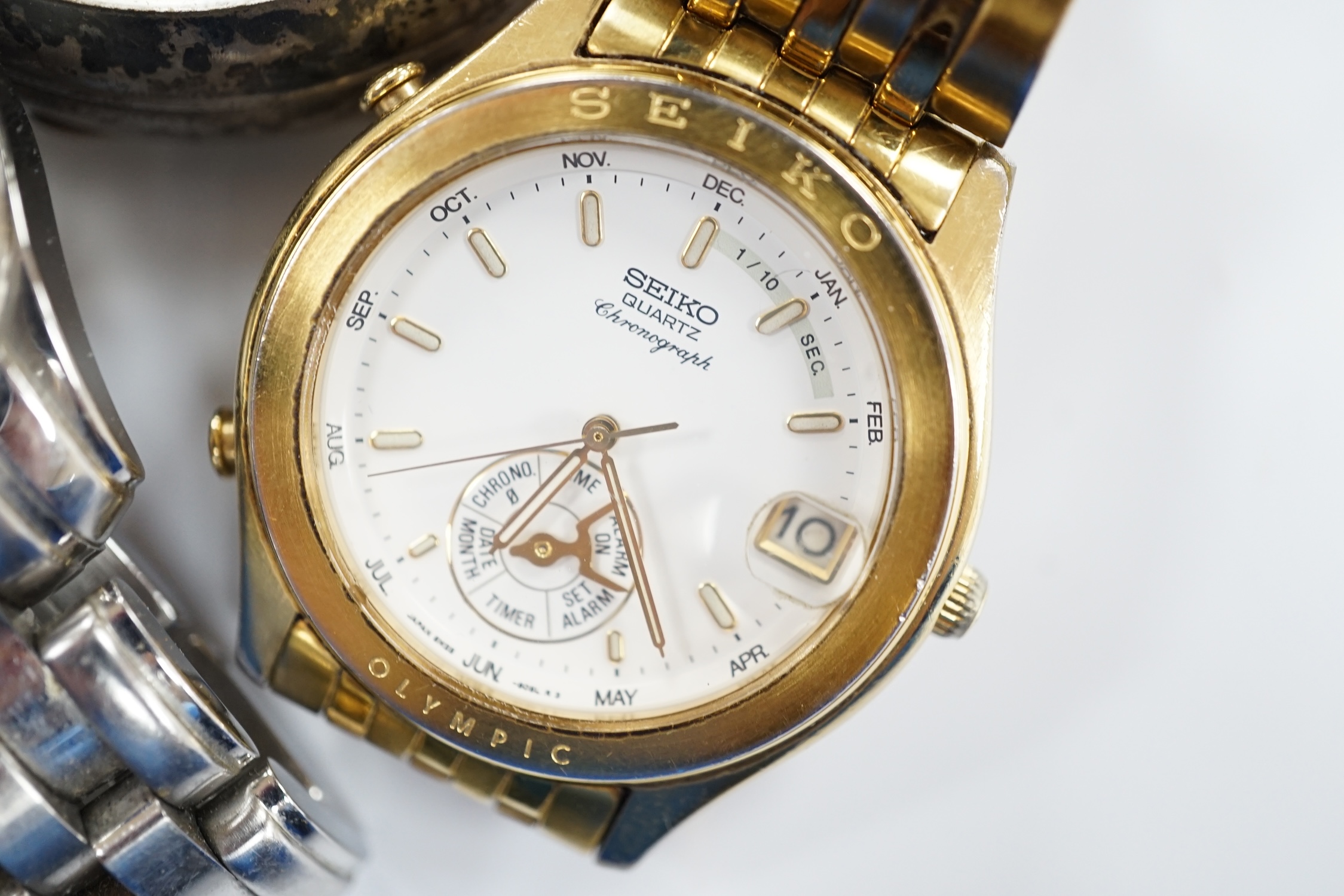 A 19th century Swiss 935 white metal open face keyless chronometer pocket watch, together with a gentleman's modern Seiko and Citizen wrist watches.